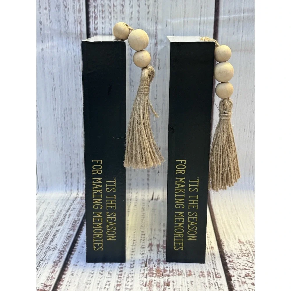 Hobby Lobby Plaid Christmas Decorative Faux Book Stack Set of 2 Wood Bead Tassel